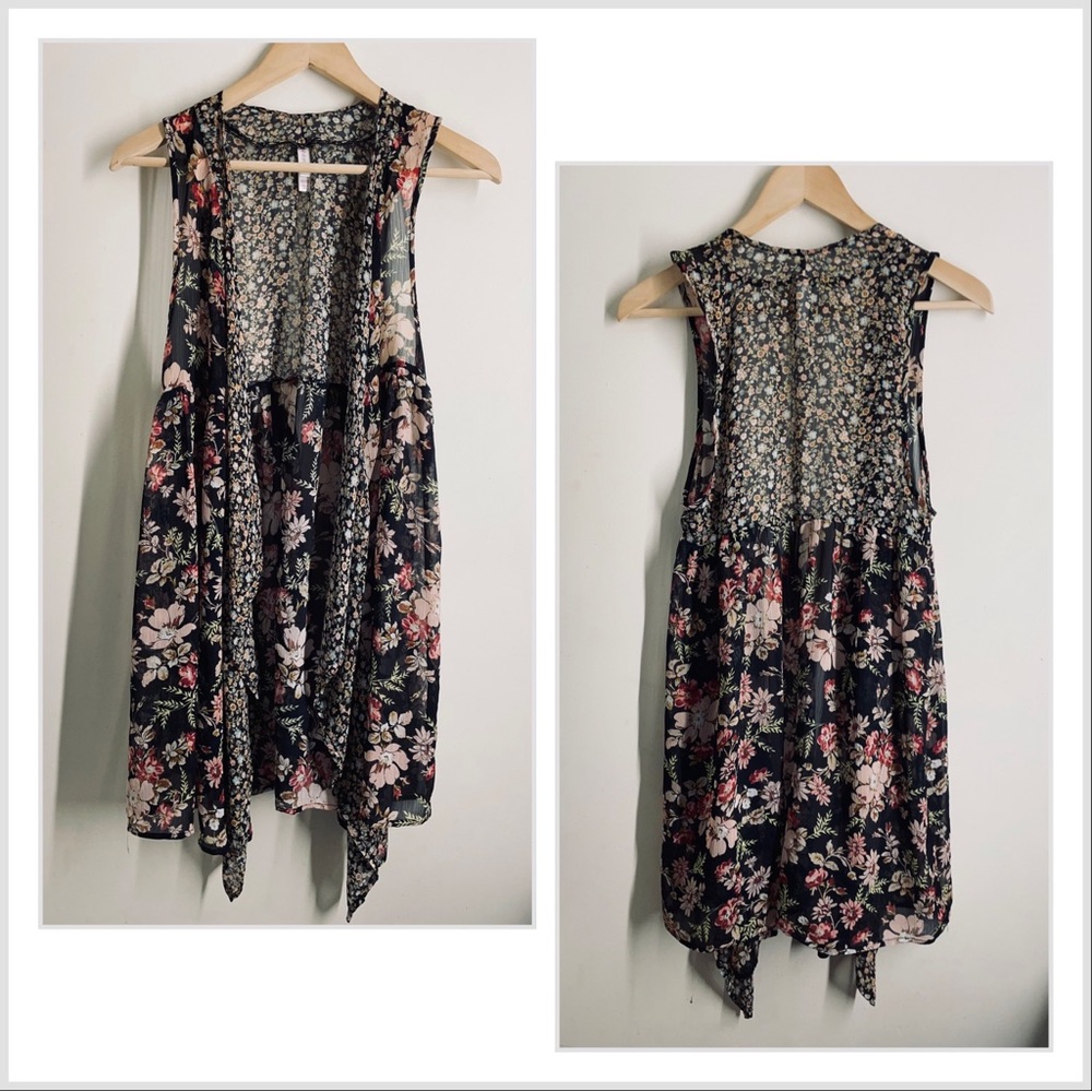 Vintage 90s Floral Vest Cardigan Black Pink size XS